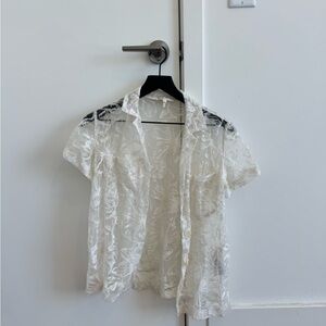 Maje White Sheer Floral Button-Down Shirt
